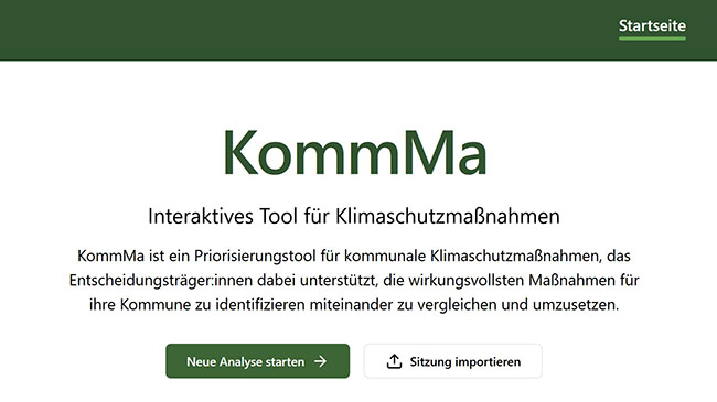 Startseite des Web-Tools „KommMa“ zur Priorisierung von Klimaschutzmaßnahmen.
