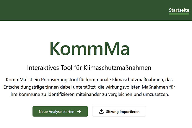 Startseite des Web-Tools von "KommMa" zur Priorisierung von kommunalen Klimaschutzma&szlig;nahmen.